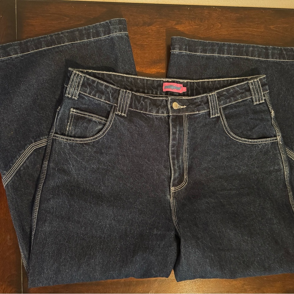 Edikted Dark Blue Wide Leg Flare Jeans - Picture 7 of 13